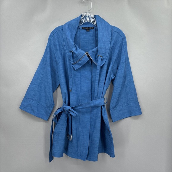 Lafayette 148 Jacket Womens 8 Blue Linen Cupro Belted Full Zip 3/4 Sleeve Coat - Picture 3 of 16